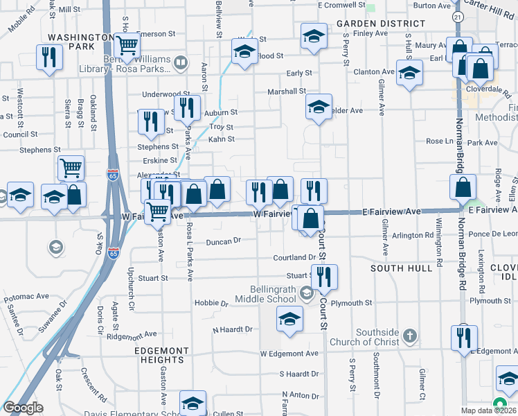 map of restaurants, bars, coffee shops, grocery stores, and more near 400-498 West Fairview Avenue in Montgomery