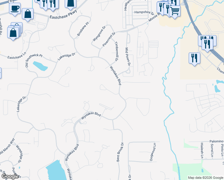 map of restaurants, bars, coffee shops, grocery stores, and more near 9861-9867 Wyncrest Circle in Montgomery