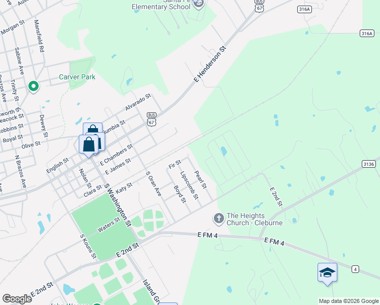 map of restaurants, bars, coffee shops, grocery stores, and more near 401 Fir Street in Cleburne