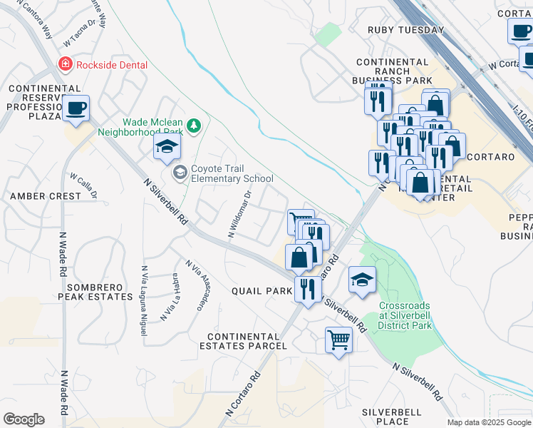 map of restaurants, bars, coffee shops, grocery stores, and more near 6425 West Rosamond Way in Tucson