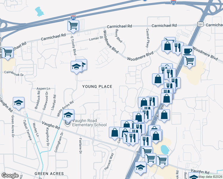 map of restaurants, bars, coffee shops, grocery stores, and more near 1630 Young Pointe Boulevard in Montgomery