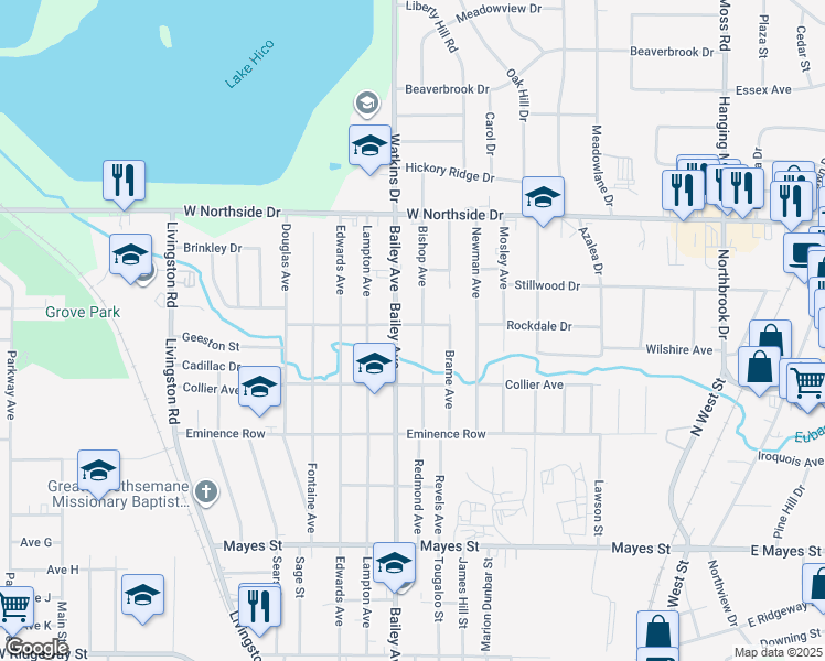 map of restaurants, bars, coffee shops, grocery stores, and more near 805 Rockdale Drive in Jackson