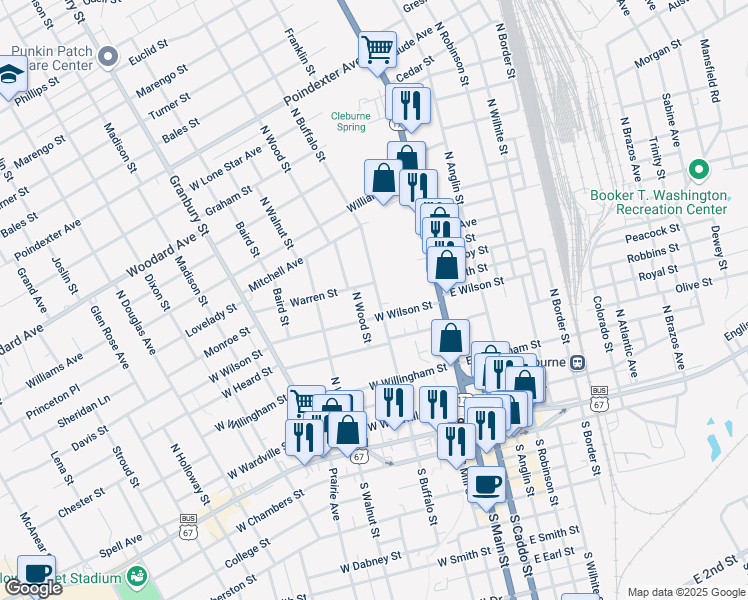 map of restaurants, bars, coffee shops, grocery stores, and more near 707 North Buffalo Street in Cleburne
