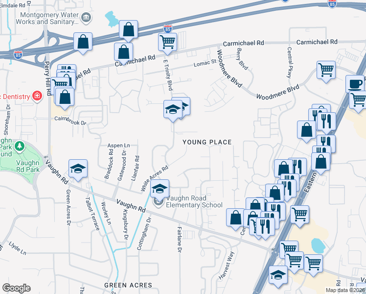 map of restaurants, bars, coffee shops, grocery stores, and more near 4475 White Acres Road in Montgomery