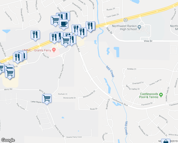 map of restaurants, bars, coffee shops, grocery stores, and more near 101 Brockhurst Court in Brandon