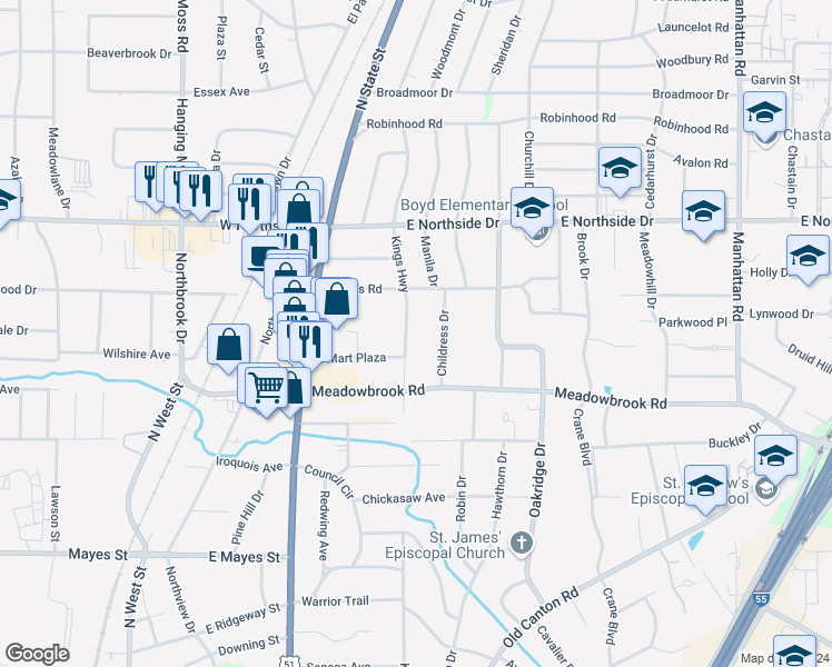 map of restaurants, bars, coffee shops, grocery stores, and more near 4562 Kings Hwy in Jackson