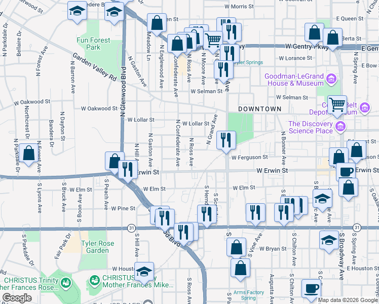 map of restaurants, bars, coffee shops, grocery stores, and more near 1116 West Claude Street in Tyler