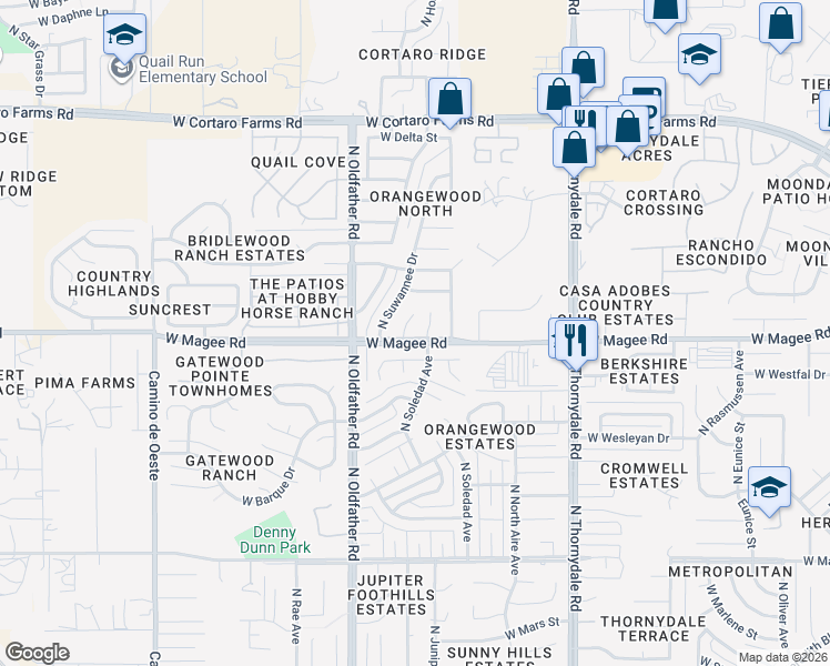 map of restaurants, bars, coffee shops, grocery stores, and more near 8000 North Soledad Avenue in Tucson