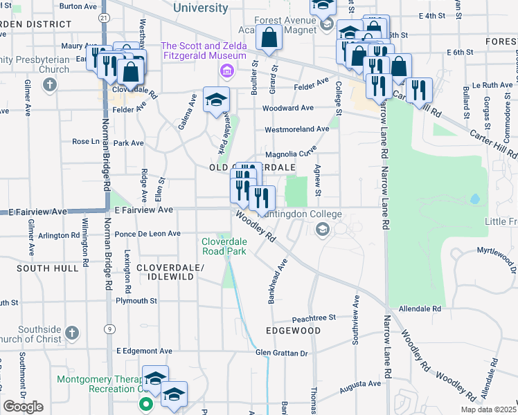 map of restaurants, bars, coffee shops, grocery stores, and more near 1109 East Fairview Avenue in Montgomery