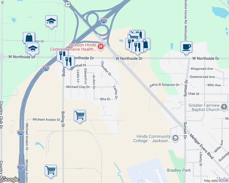 map of restaurants, bars, coffee shops, grocery stores, and more near 3475 Carley Drive in Jackson