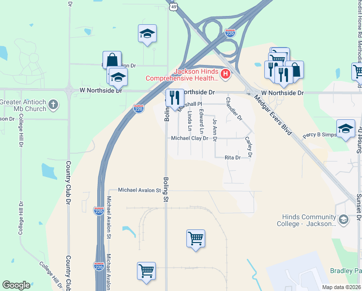 map of restaurants, bars, coffee shops, grocery stores, and more near 1828 Marshall Place in Jackson