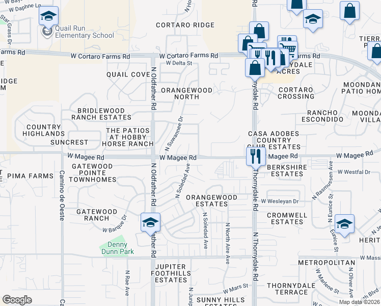 map of restaurants, bars, coffee shops, grocery stores, and more near 8000 North Soledad Avenue in Tucson