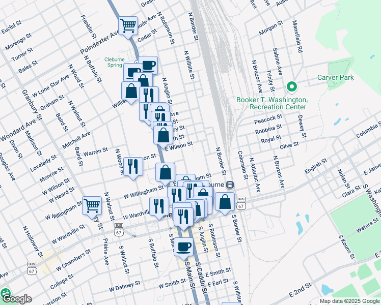 map of restaurants, bars, coffee shops, grocery stores, and more near 506 North Anglin Street in Cleburne