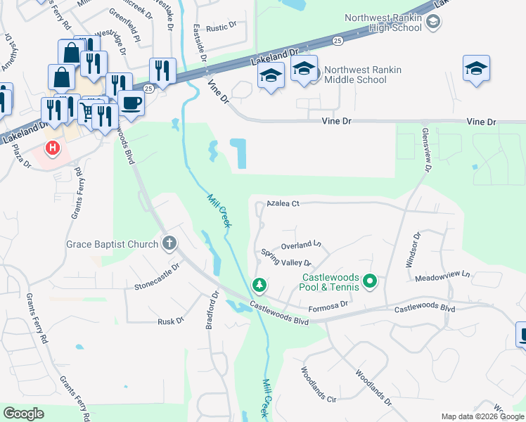 map of restaurants, bars, coffee shops, grocery stores, and more near 250 Azalea Court in Brandon