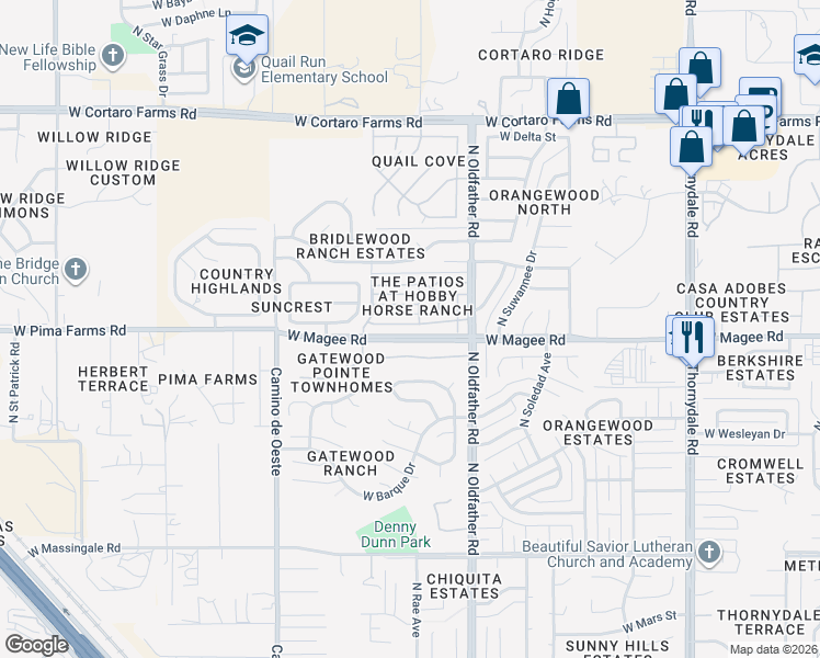 map of restaurants, bars, coffee shops, grocery stores, and more near 4337 West Bunk House Road in Tucson