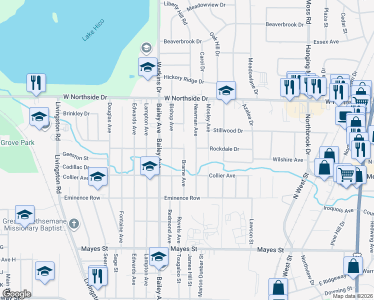 map of restaurants, bars, coffee shops, grocery stores, and more near 3670 Brame Avenue in Jackson