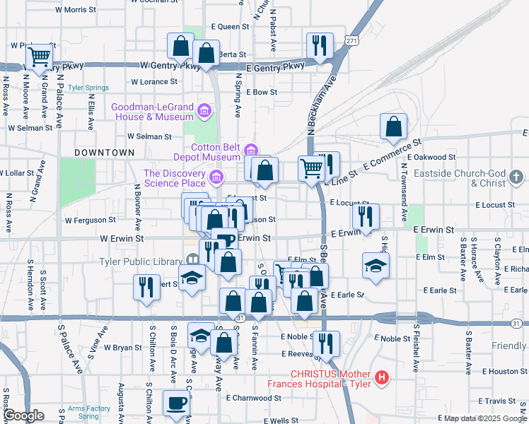 map of restaurants, bars, coffee shops, grocery stores, and more near 312 East Ferguson Street in Tyler