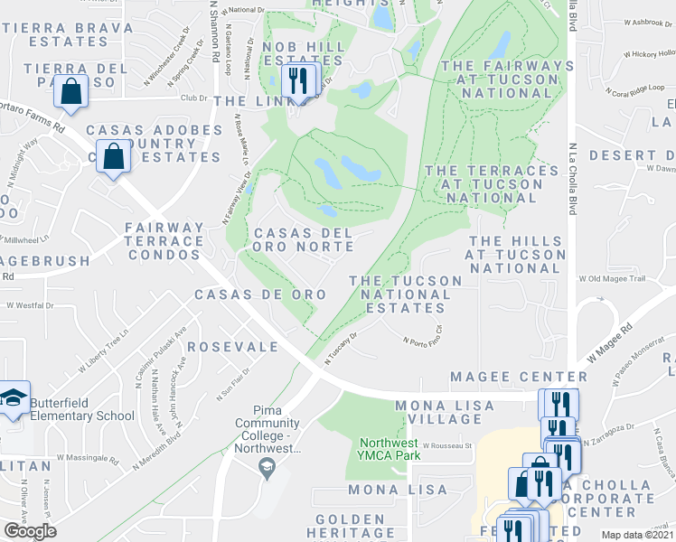 map of restaurants, bars, coffee shops, grocery stores, and more near 7962 North Casas Cameo in Tucson