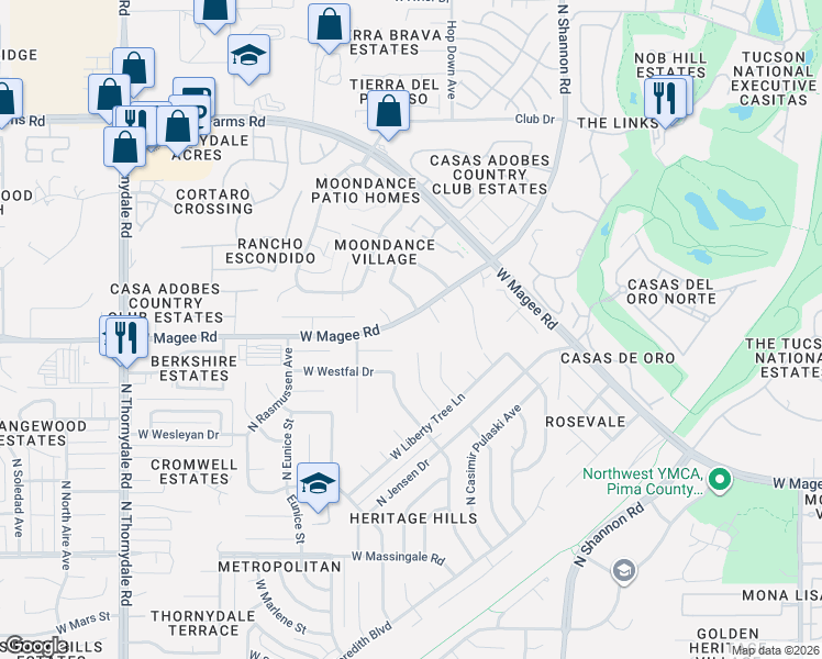 map of restaurants, bars, coffee shops, grocery stores, and more near 3181 West Magee Road in Tucson