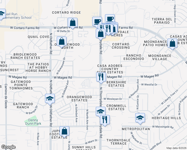 map of restaurants, bars, coffee shops, grocery stores, and more near 8018 North Purple Aster Place in Tucson