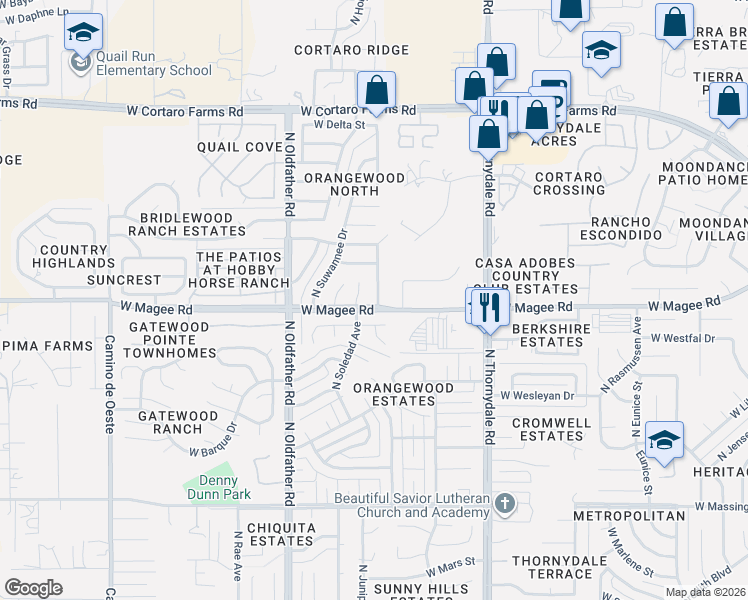 map of restaurants, bars, coffee shops, grocery stores, and more near 8000 North Soledad Avenue in Tucson