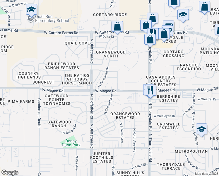 map of restaurants, bars, coffee shops, grocery stores, and more near 8000 North Soledad Avenue in Tucson
