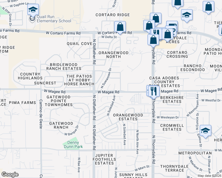 map of restaurants, bars, coffee shops, grocery stores, and more near 8000 North Soledad Avenue in Tucson