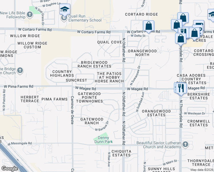 map of restaurants, bars, coffee shops, grocery stores, and more near 4337 West Bunk House Road in Tucson