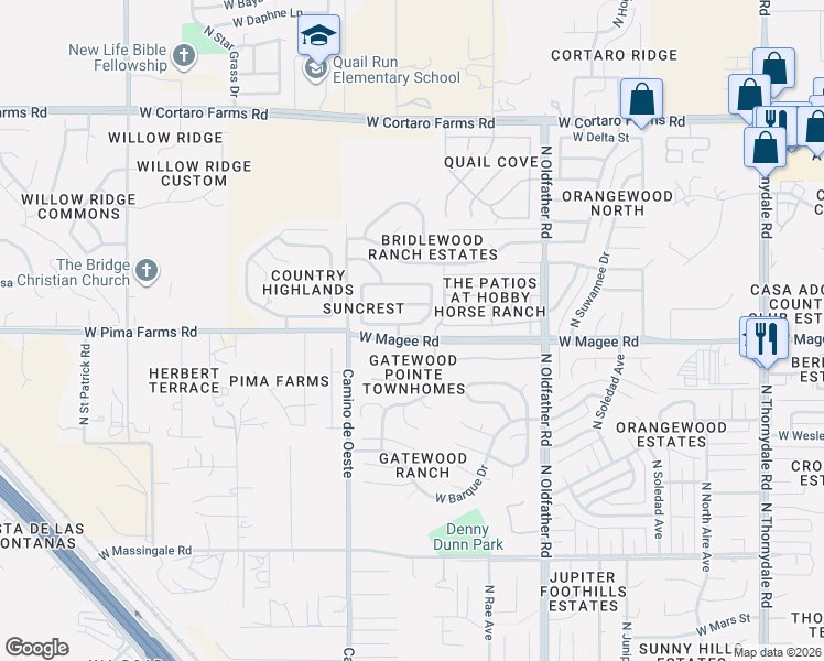 map of restaurants, bars, coffee shops, grocery stores, and more near 4465 West Rose Mist Way in Tucson