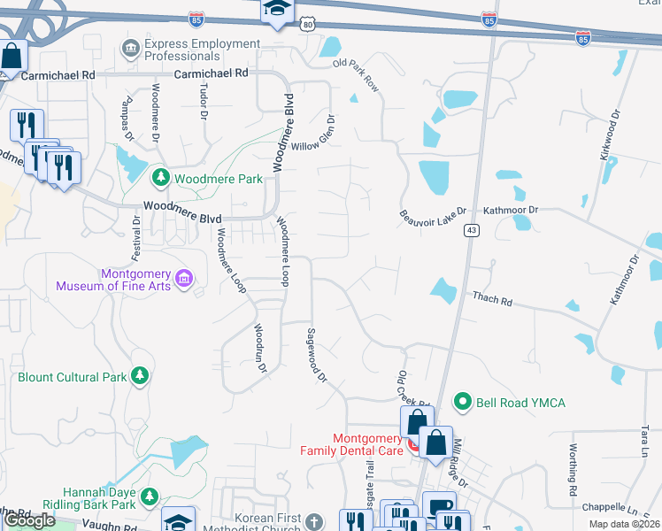 map of restaurants, bars, coffee shops, grocery stores, and more near 1937 Still Oaks Drive in Montgomery
