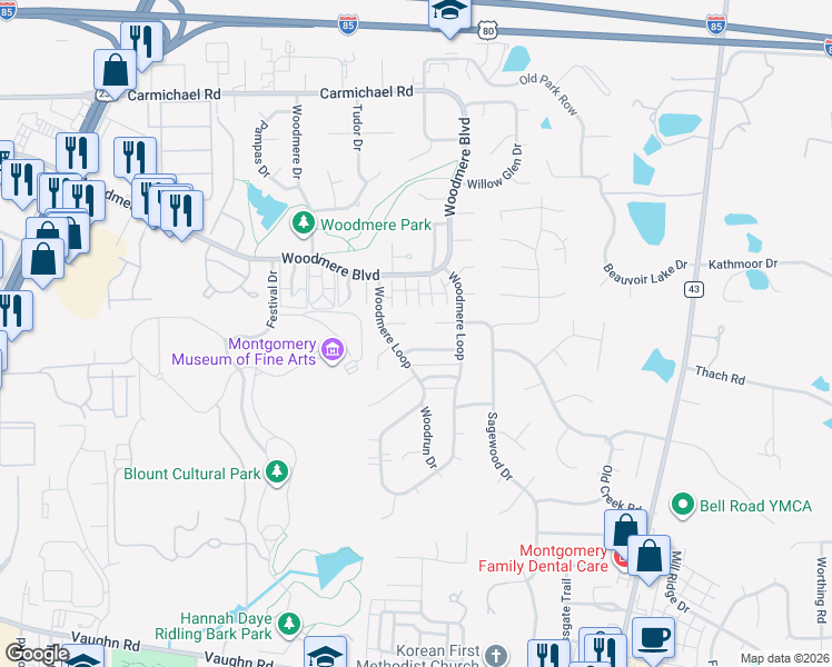 map of restaurants, bars, coffee shops, grocery stores, and more near 6028 Oldcastle Place in Montgomery