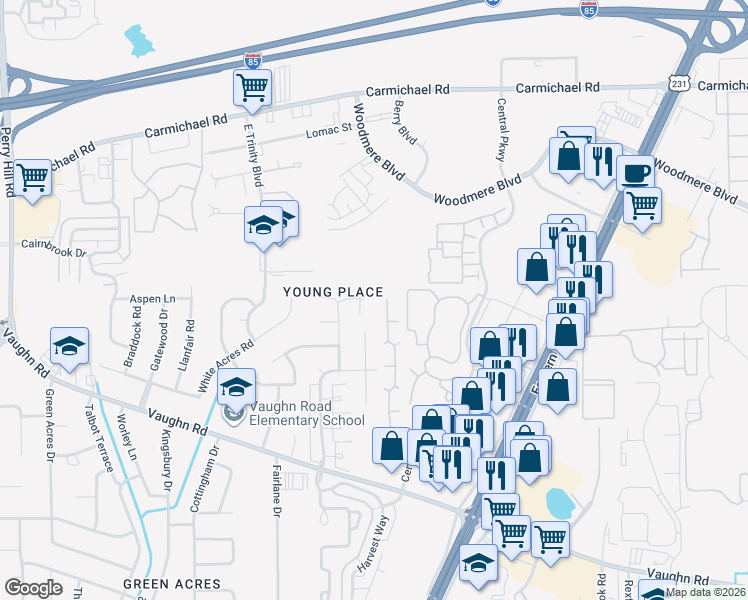 map of restaurants, bars, coffee shops, grocery stores, and more near 1643 Young Pointe Boulevard in Montgomery