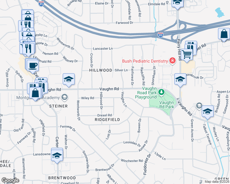 map of restaurants, bars, coffee shops, grocery stores, and more near 3430 Vaughn Road in Montgomery