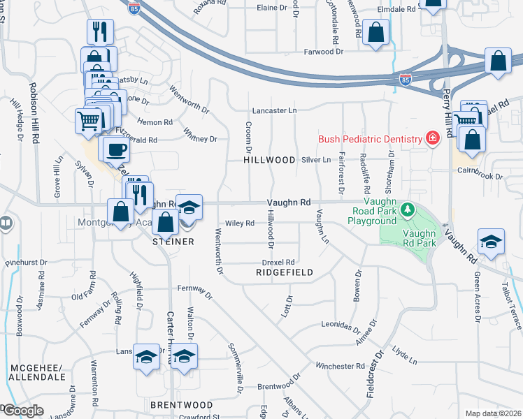 map of restaurants, bars, coffee shops, grocery stores, and more near 3336 Vaughn Road in Montgomery