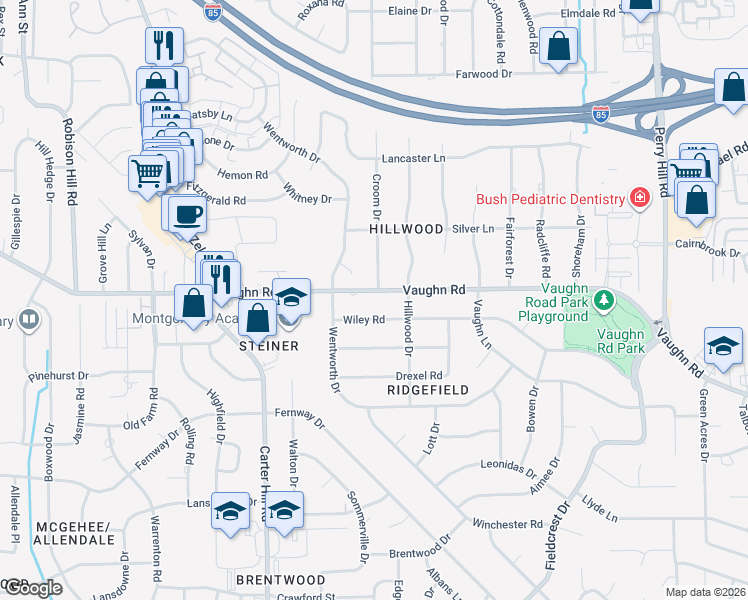 map of restaurants, bars, coffee shops, grocery stores, and more near 3336 Vaughn Road in Montgomery