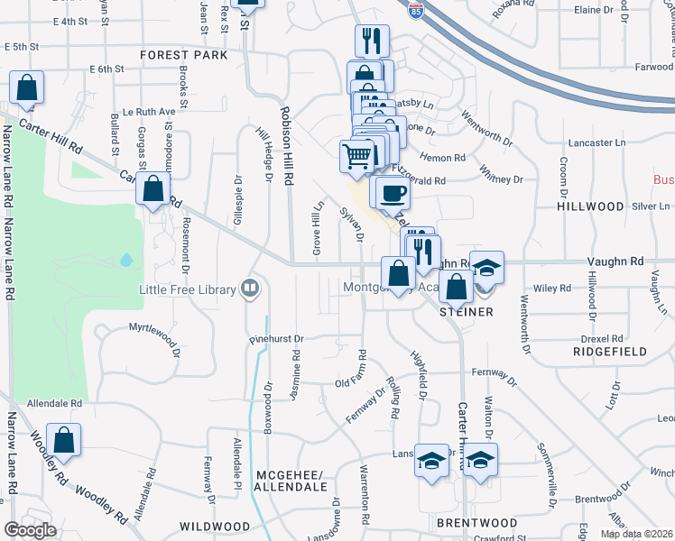 map of restaurants, bars, coffee shops, grocery stores, and more near 2914 Jamestown Drive in Montgomery