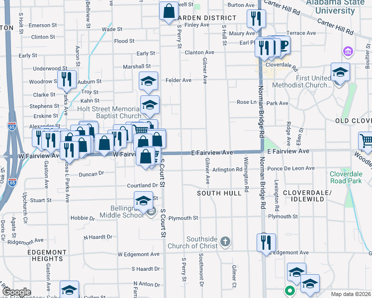 map of restaurants, bars, coffee shops, grocery stores, and more near 1764 South Perry Street in Montgomery