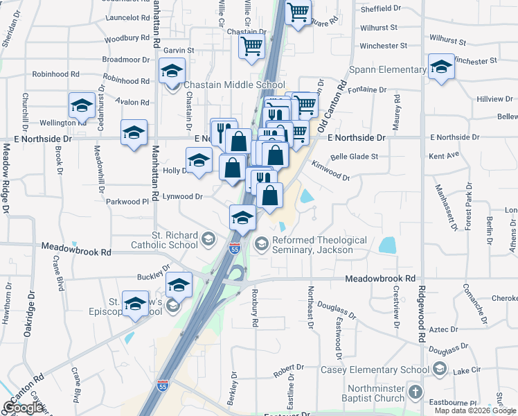 map of restaurants, bars, coffee shops, grocery stores, and more near 4400 Old Canton Road in Jackson