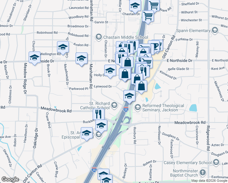map of restaurants, bars, coffee shops, grocery stores, and more near 1329 Lynwood Drive in Jackson
