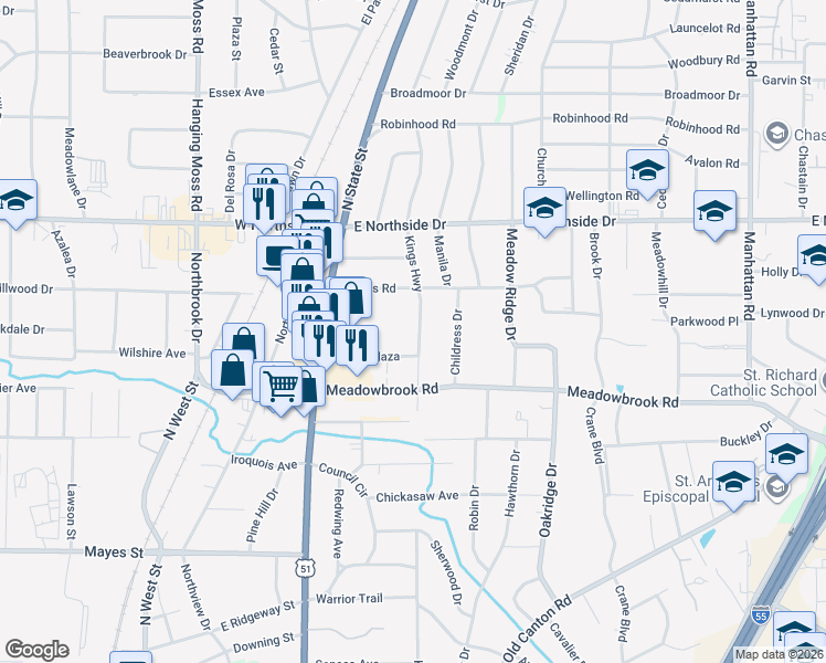 map of restaurants, bars, coffee shops, grocery stores, and more near 4562 Kings Highway in Jackson