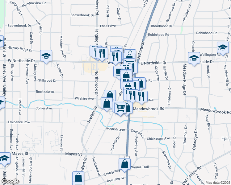 map of restaurants, bars, coffee shops, grocery stores, and more near 4095 Northview Dr in Jackson
