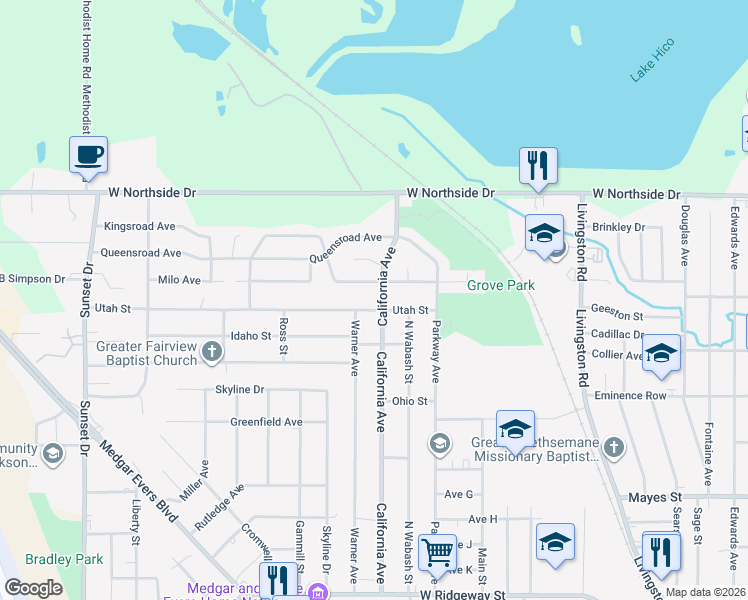 map of restaurants, bars, coffee shops, grocery stores, and more near 2114 Utah Street in Jackson