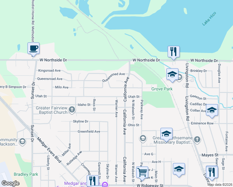 map of restaurants, bars, coffee shops, grocery stores, and more near 2212 Utah Street in Jackson