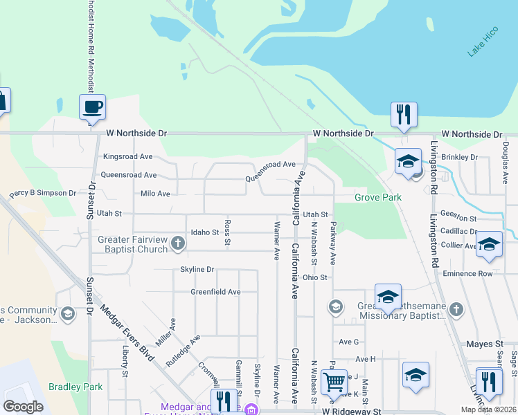 map of restaurants, bars, coffee shops, grocery stores, and more near 2212 Utah Street in Jackson