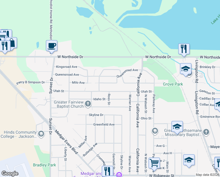 map of restaurants, bars, coffee shops, grocery stores, and more near 2410 Utah Street in Jackson