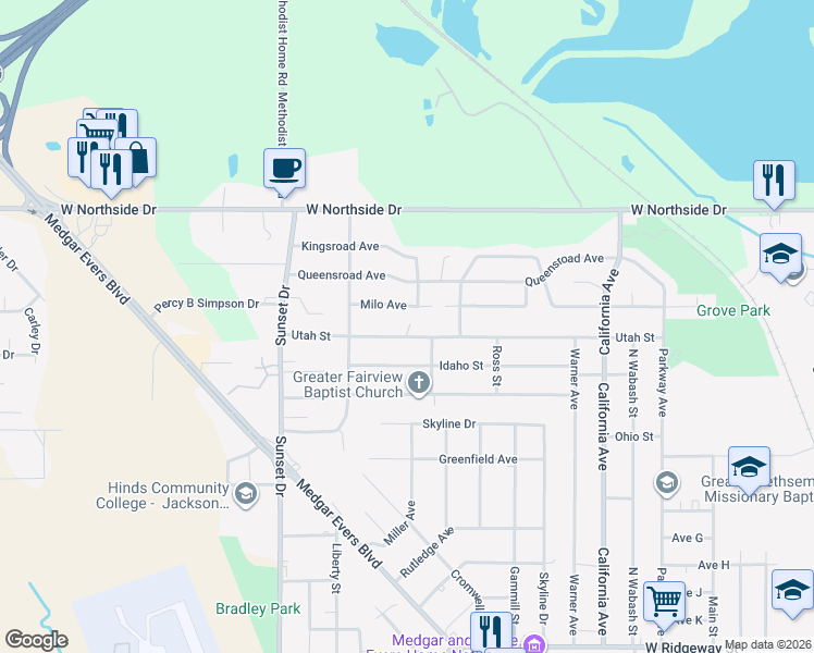 map of restaurants, bars, coffee shops, grocery stores, and more near 2618 Utah Street in Jackson