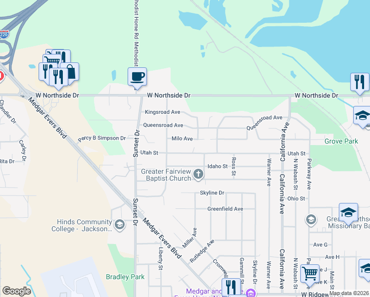map of restaurants, bars, coffee shops, grocery stores, and more near 2708 Utah Street in Jackson