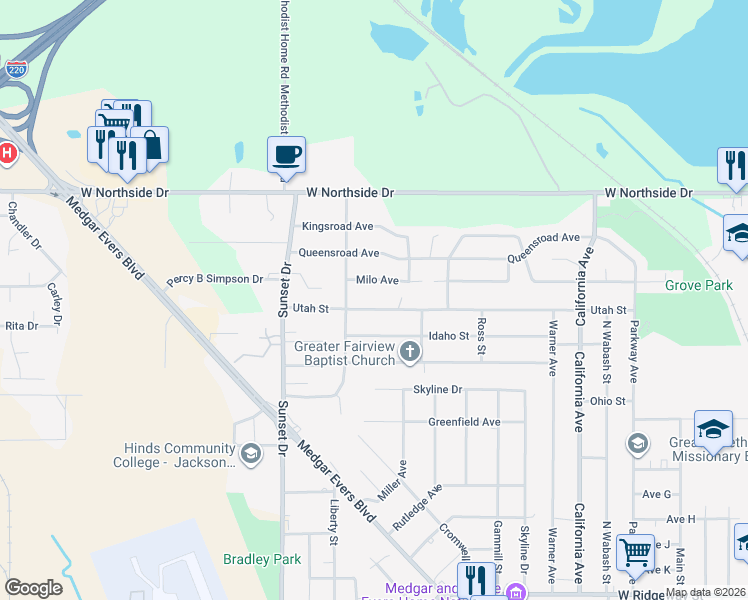 map of restaurants, bars, coffee shops, grocery stores, and more near 2708 Utah Street in Jackson