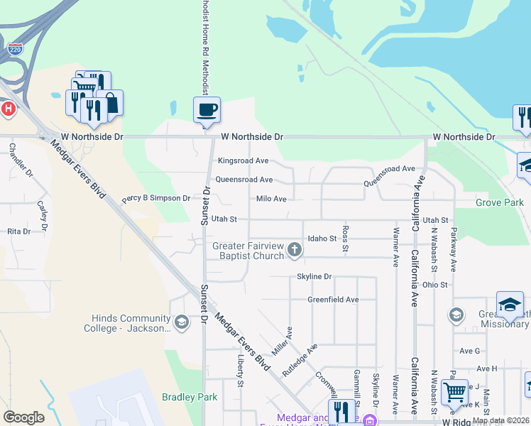 map of restaurants, bars, coffee shops, grocery stores, and more near 2708 Utah Street in Jackson