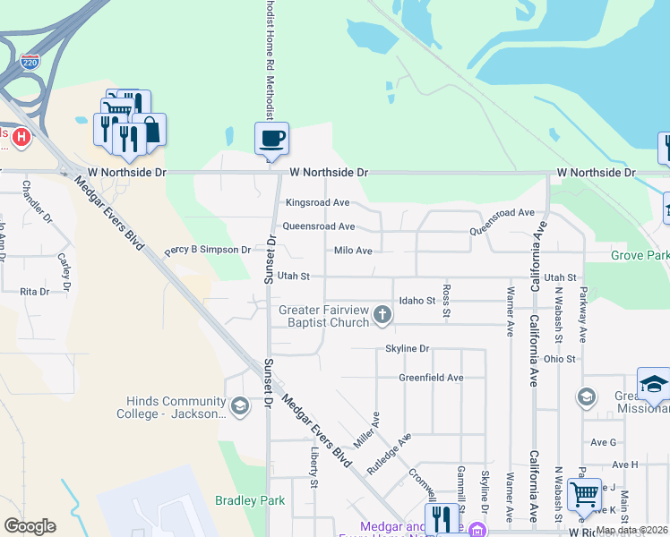map of restaurants, bars, coffee shops, grocery stores, and more near 2708 Utah Street in Jackson